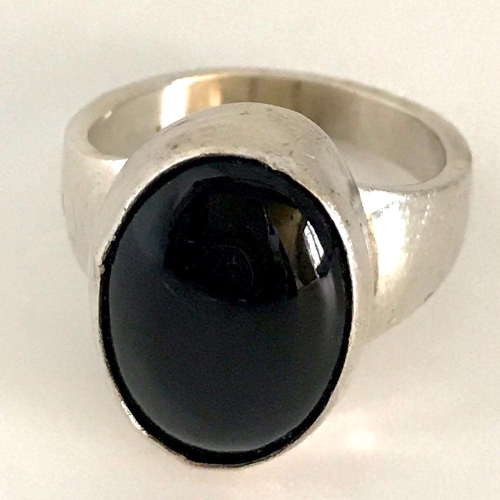 Vtg Men’s Sterling Silver Black Onyx Oval Gemstone Ring Size In Photos Signed JW